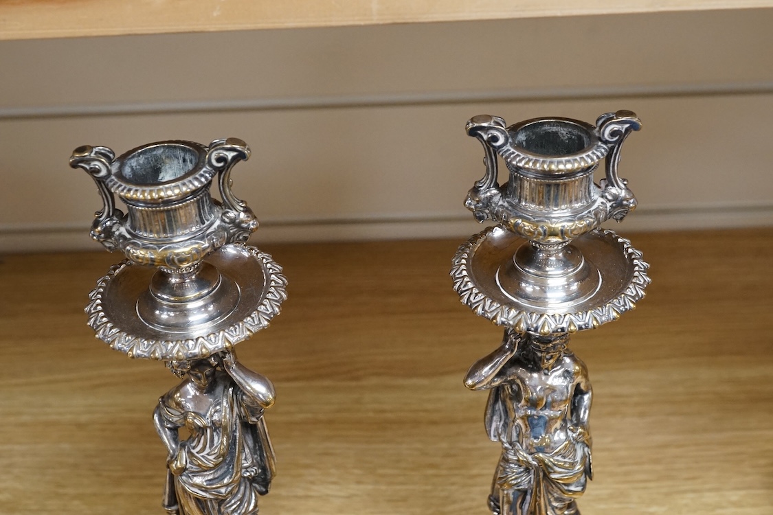 A pair of Elkington electro-plated bronze figural candlesticks c.1860, numbered 369, 29cm high